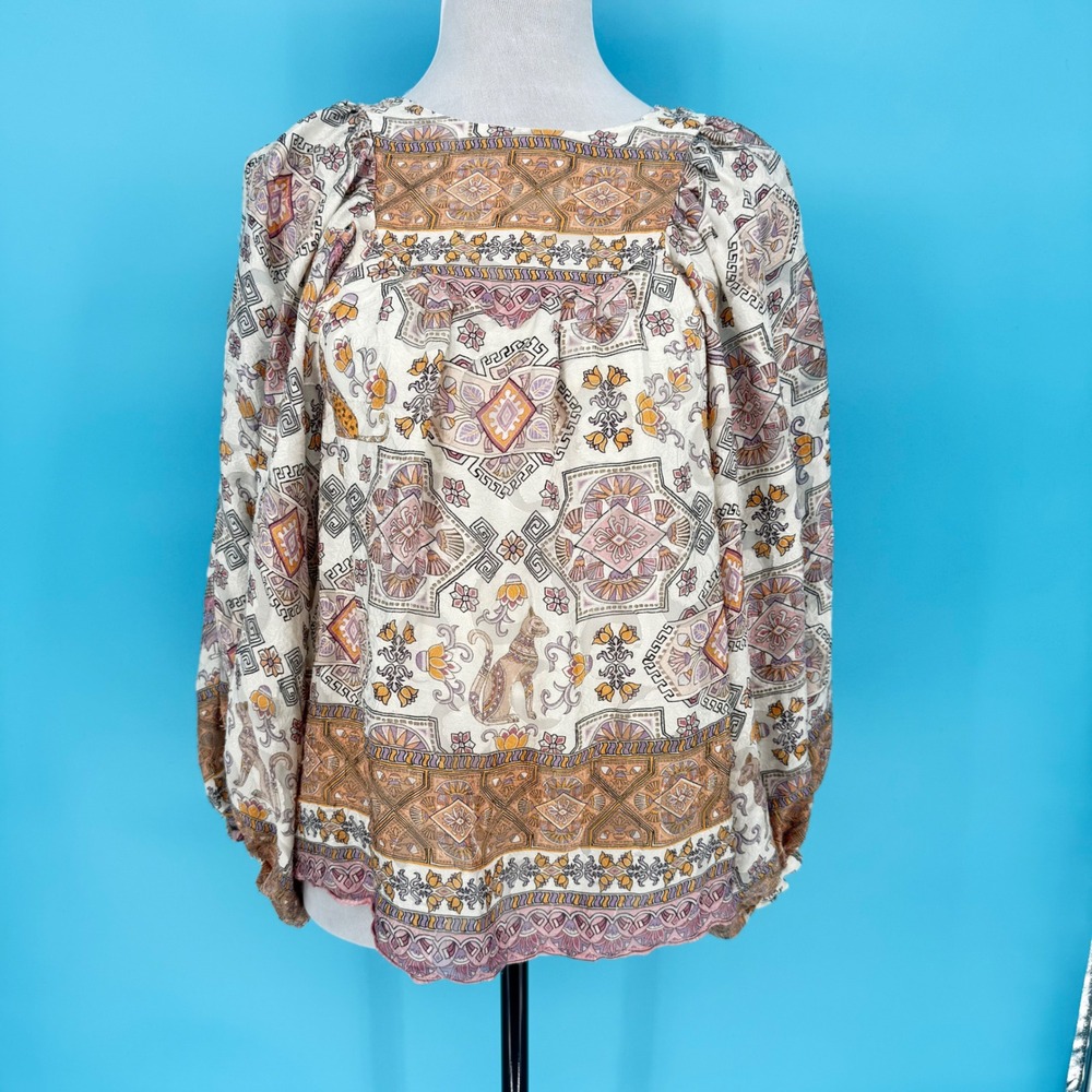 Anthropologie Silk‎ Balloon Sleeve Blouse Geometric Animal Print Square Neck S